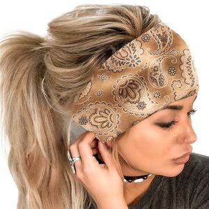 Tan Paisley Wide Stretch Headband | Boho Turban Hair Wrap | Ombré Bandana Print